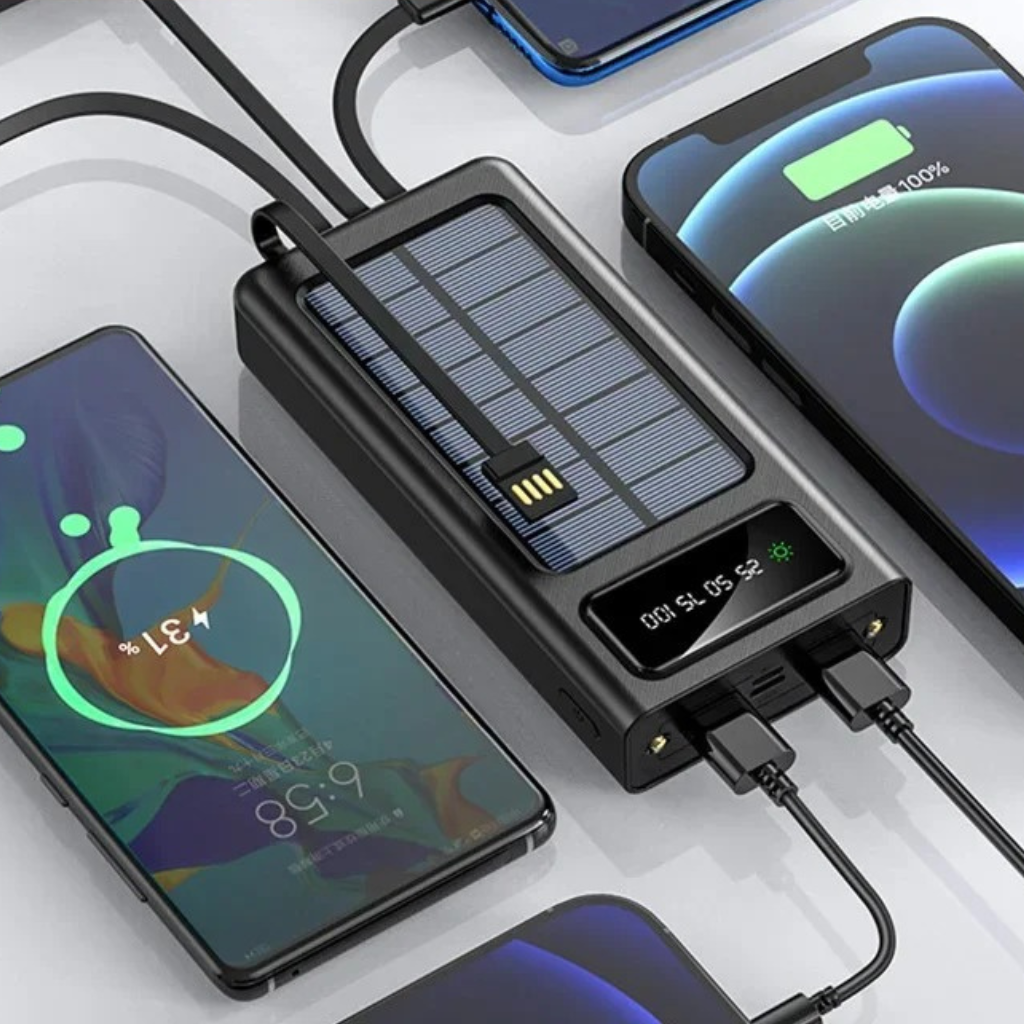 Batterie Externe Solaire 10 000mAh – 4 Câbles Intégrés + Lampe Torche LED